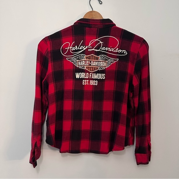 Harley Davidson Buffalo Plaid Cropped Rayon Button Down Shirt Size M/L - Picture 5 of 11